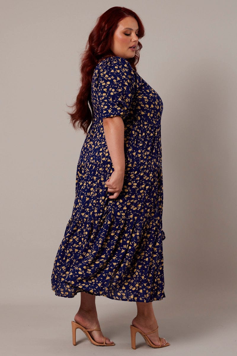 Blue Ditsy Crinkle Button Through Smock Midi Dress for YouandAll Fashion