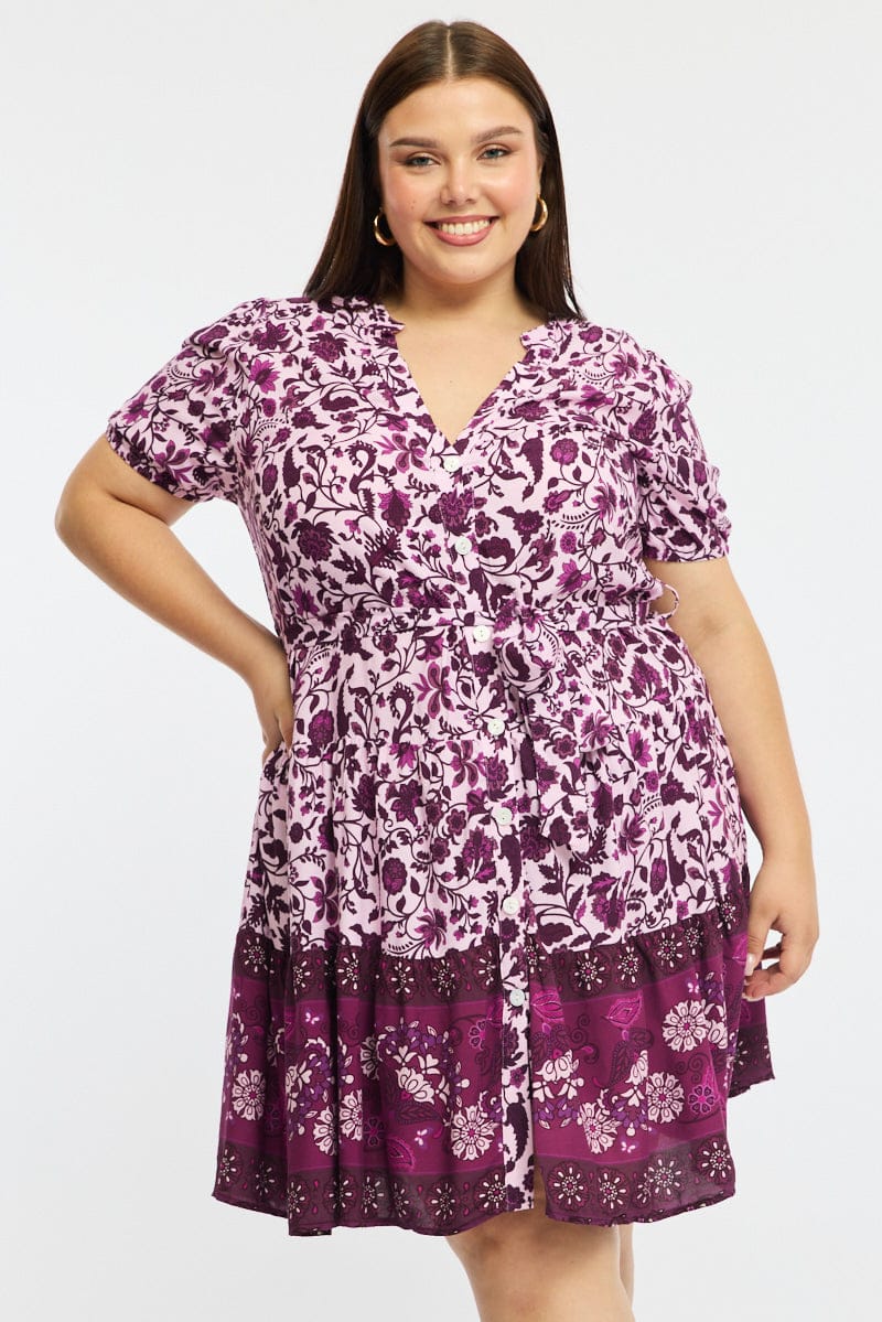 Red Boho Skater Dress Short Sleeve Button Front for YouandAll Fashion