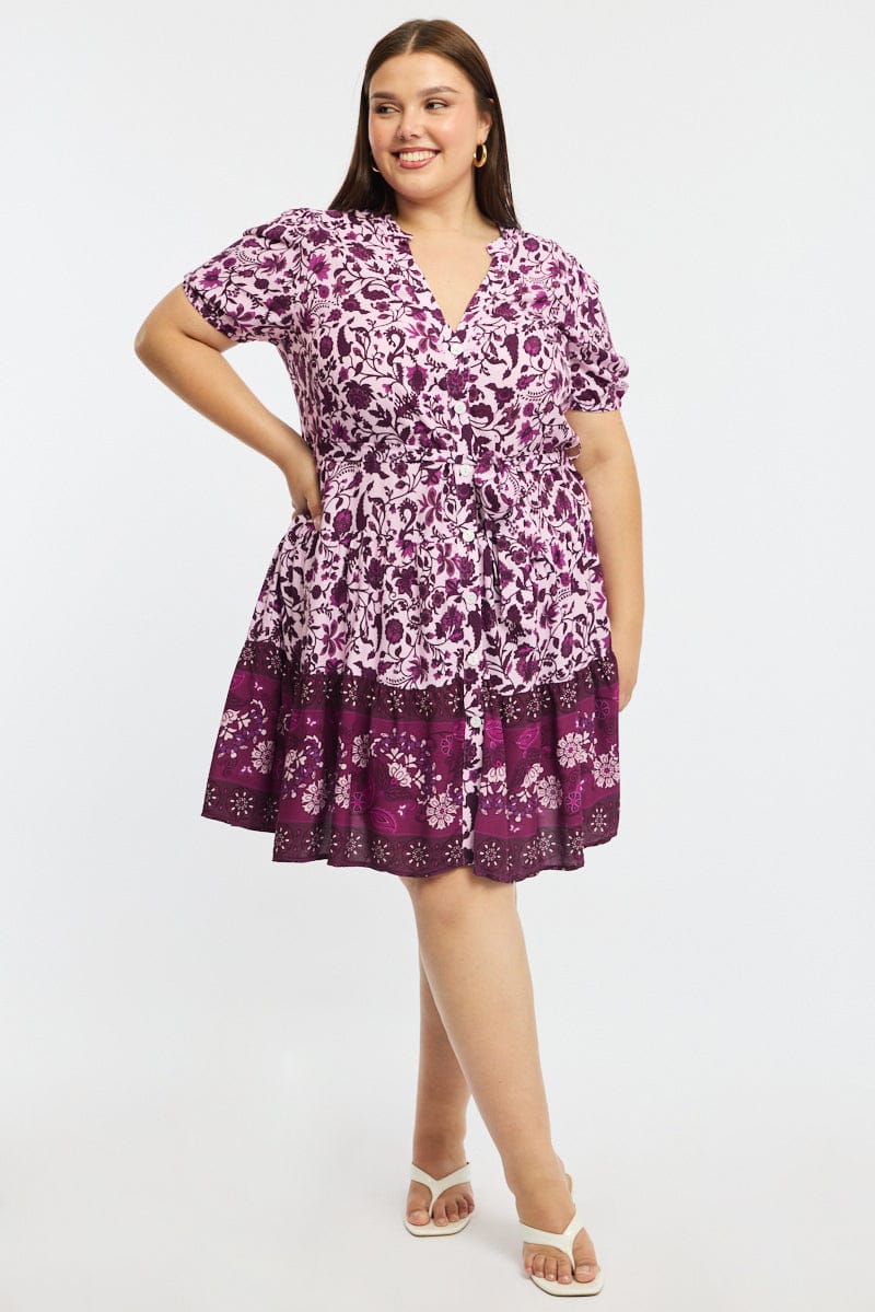 Red Boho Skater Dress Short Sleeve Button Front for YouandAll Fashion
