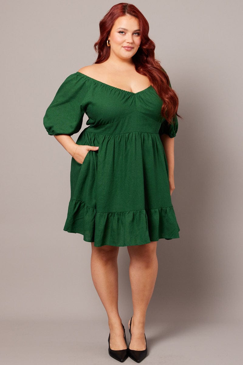 Green Tiered Mini Dress Shirred Back With Pockets for YouandAll Fashion