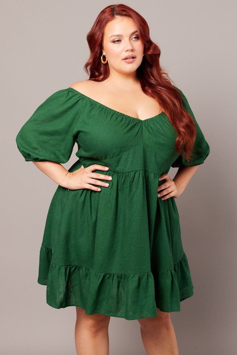 Green Tiered Mini Dress Shirred Back With Pockets for YouandAll Fashion