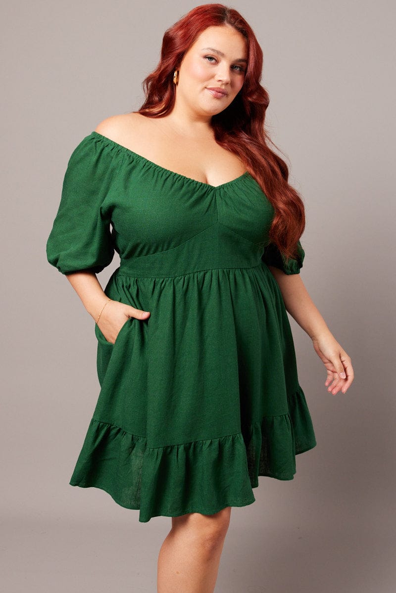 Green Tiered Mini Dress Shirred Back With Pockets for YouandAll Fashion