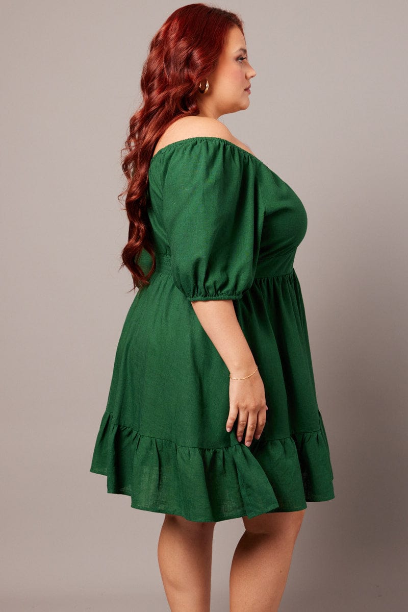 Green Tiered Mini Dress Shirred Back With Pockets for YouandAll Fashion