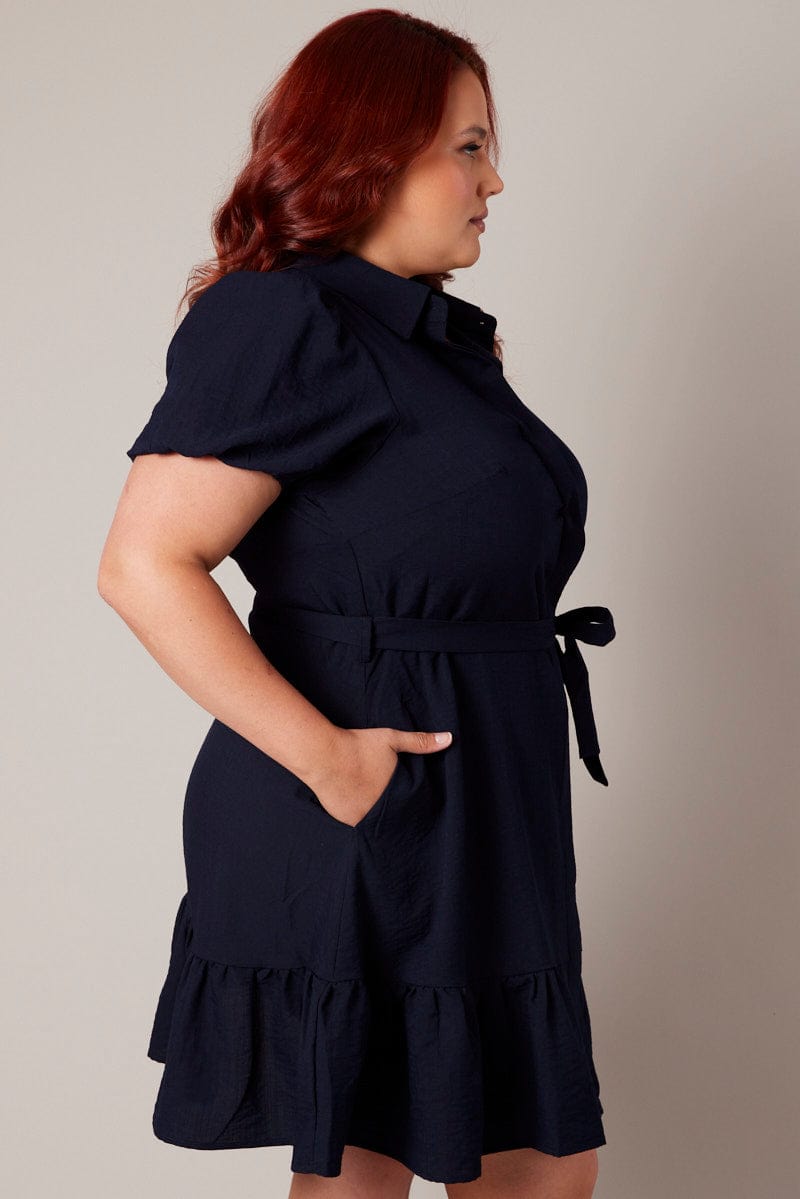 Blue Short Sleeve Mini Puff Sleeve Shirtdress for YouandAll Fashion