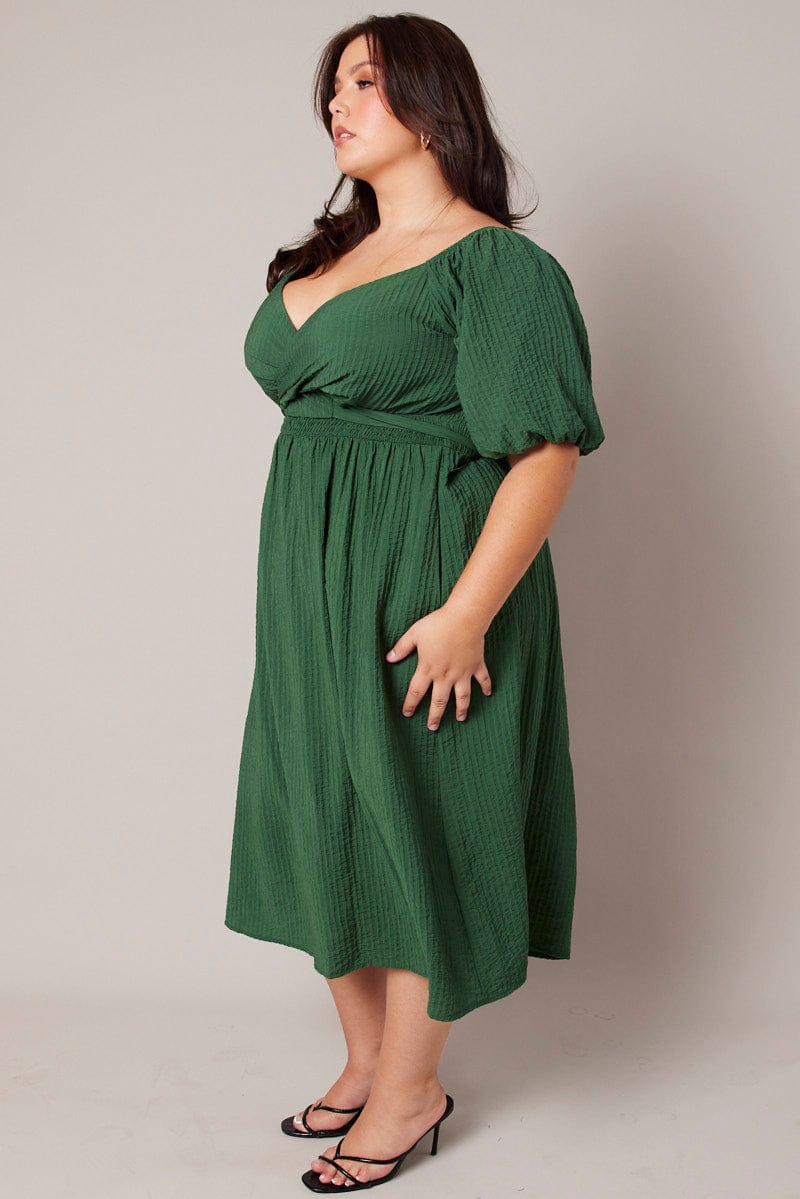 Green Midi Dress Textured Wrapover Elastic Waist Detail for YouandAll Fashion