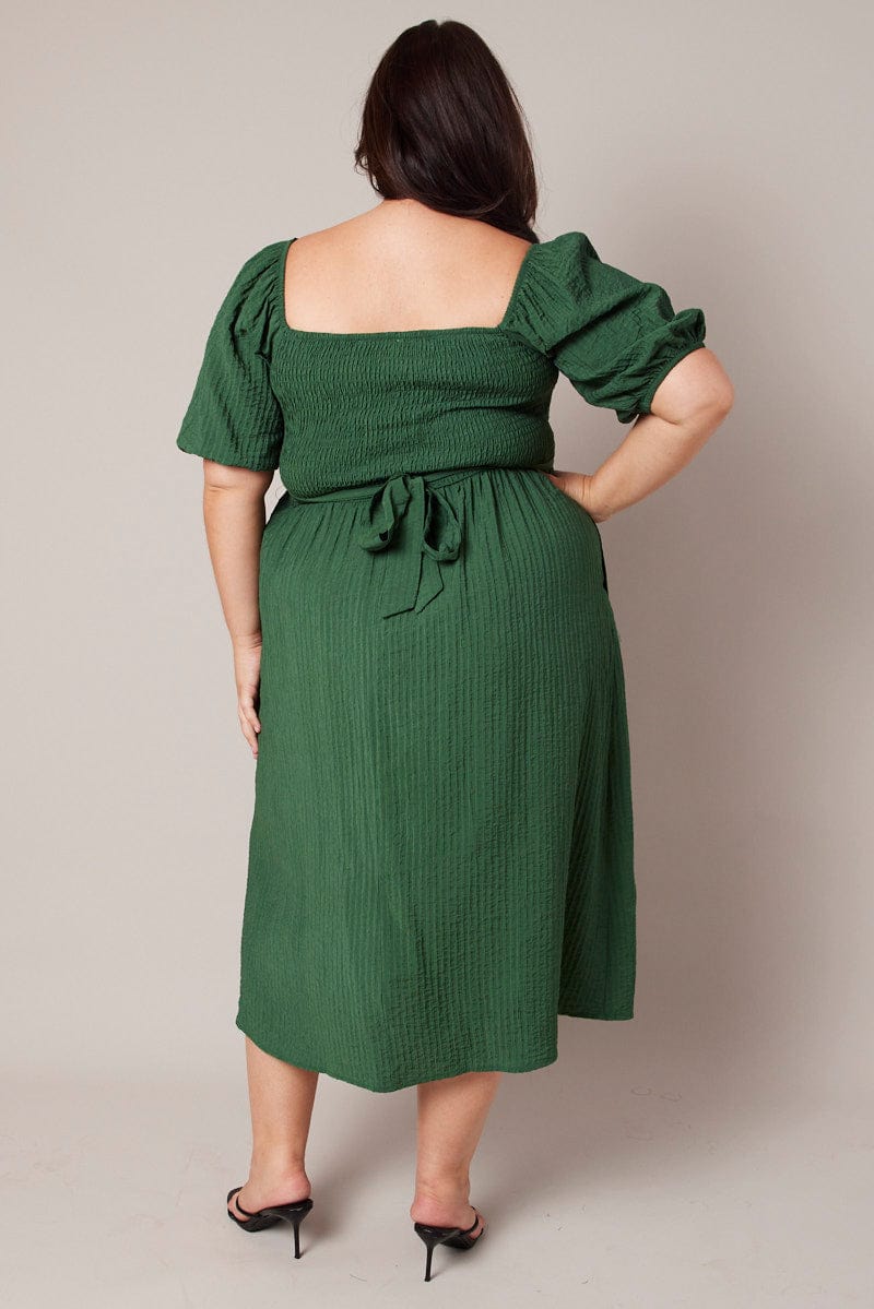 Green Midi Dress Textured Wrapover Elastic Waist Detail for YouandAll Fashion