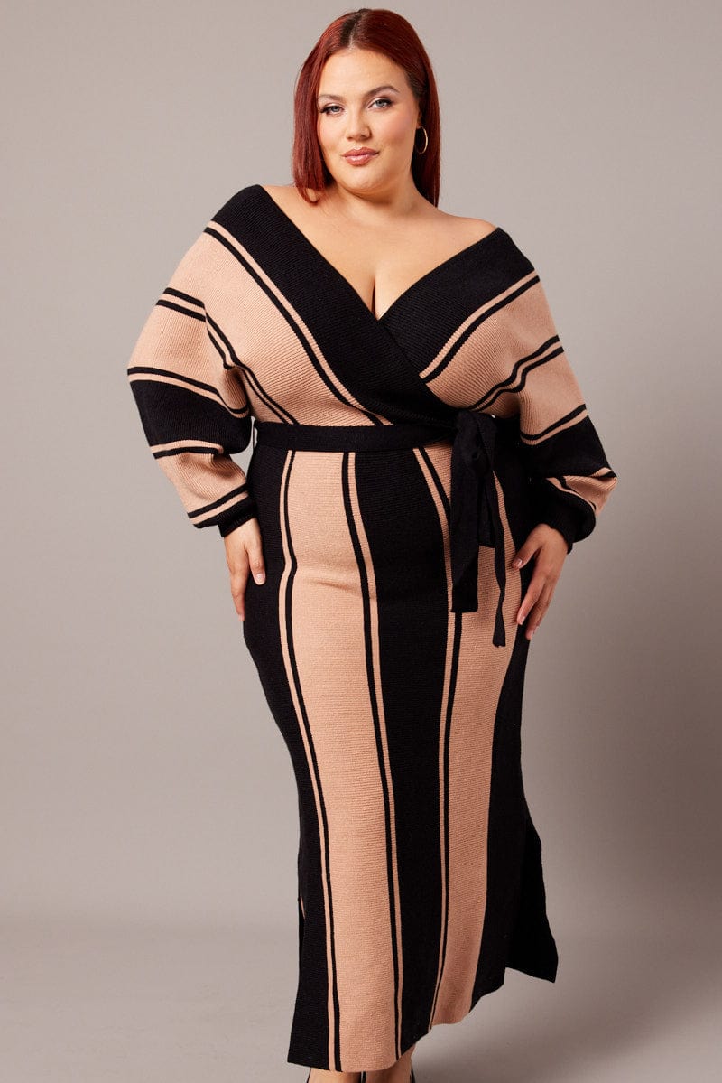 Black Stripe Cross Front Midi Knit Dress for YouandAll Fashion