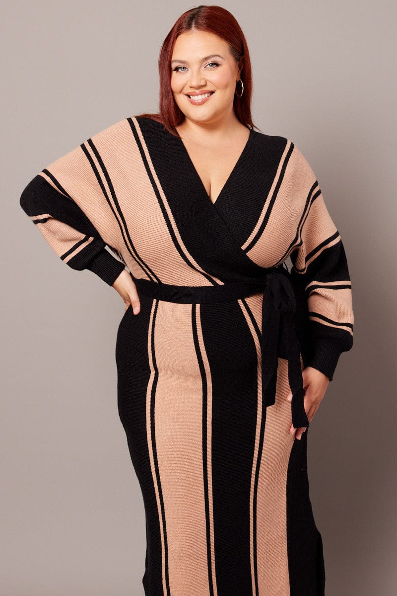 Black Stripe Cross Front Midi Knit Dress for YouandAll Fashion