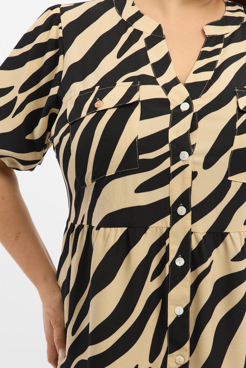 Black Animal Print Button Through Shirt Dress for YouandAll Fashion