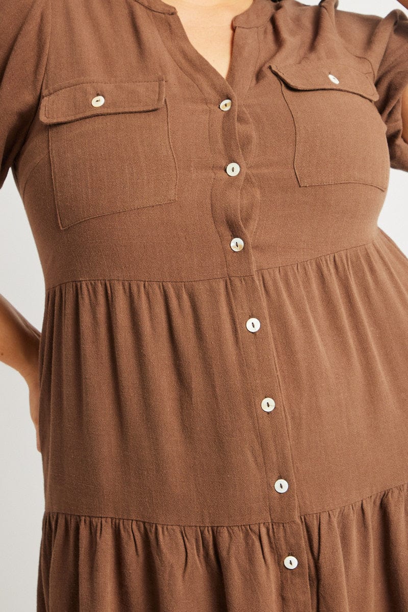 Brown Button Through Mini Dress Nehru Collar Linen Blend | You & All Brown Button Through Mini Dress Nehru Collar Linen Blend | You & All