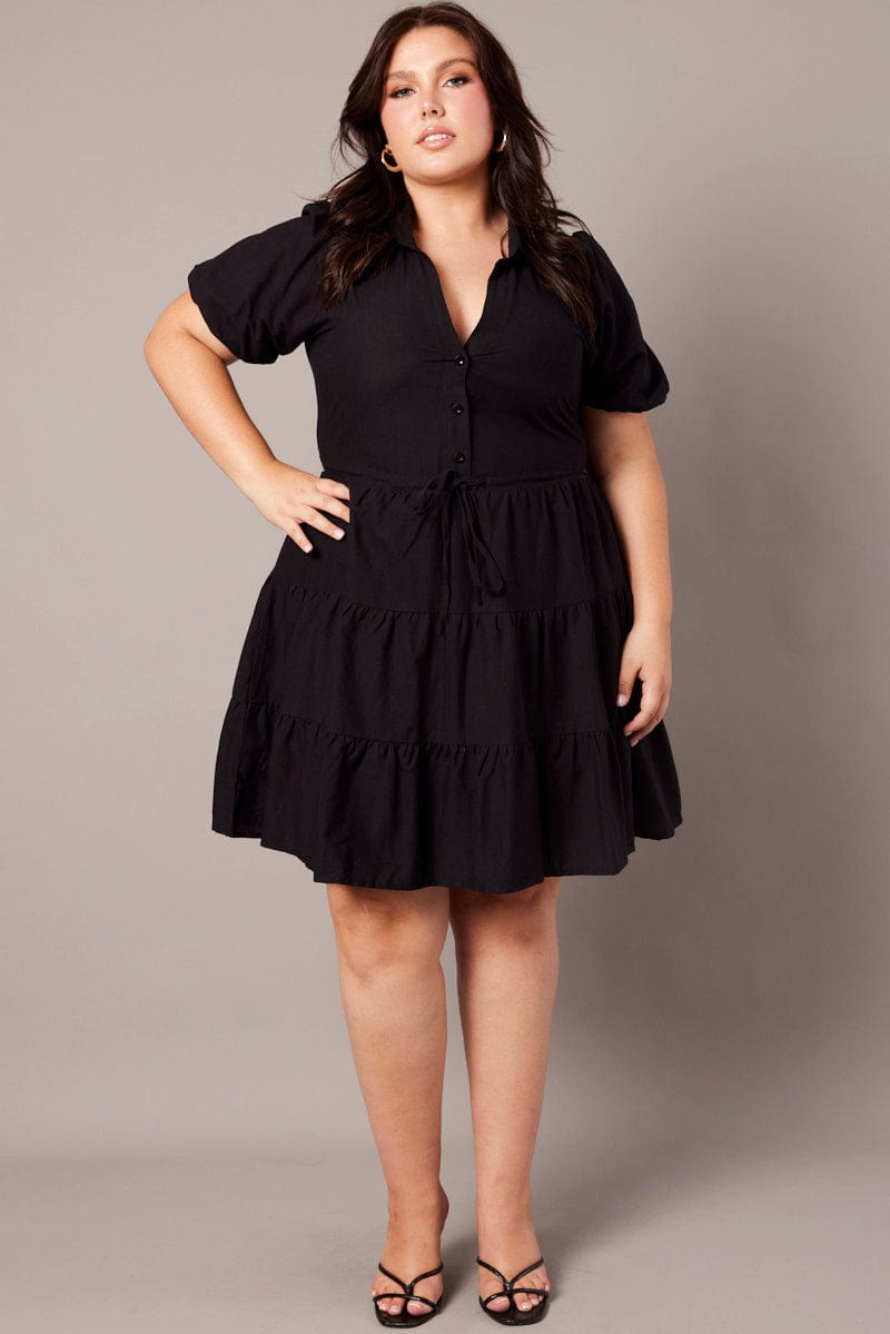 Black Button Through Collared Shirtdress for YouandAll Fashion