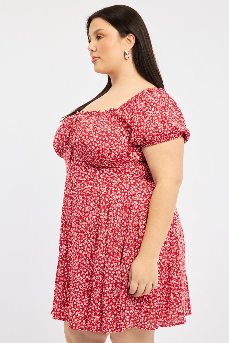 Red Ditsy Tie Front Sweetheart Neck Minidress for YouandAll Fashion