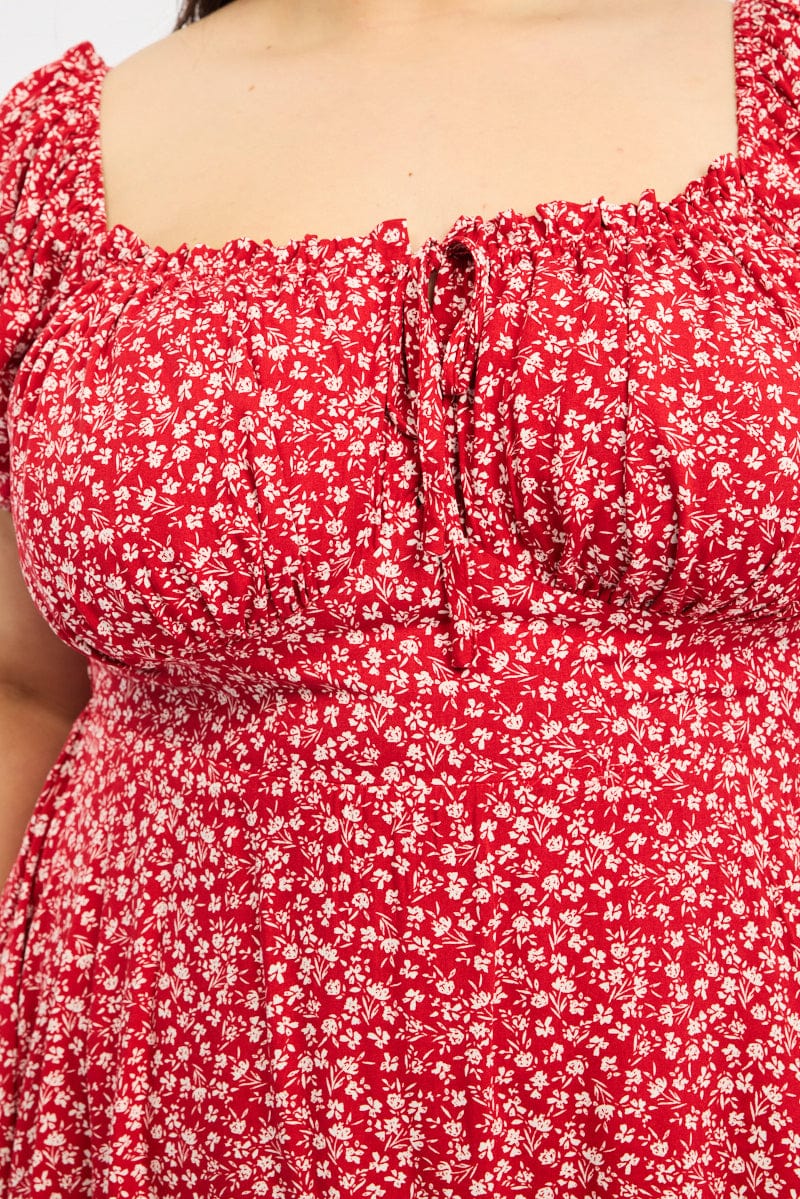 Red Ditsy Tie Front Sweetheart Neck Minidress for YouandAll Fashion