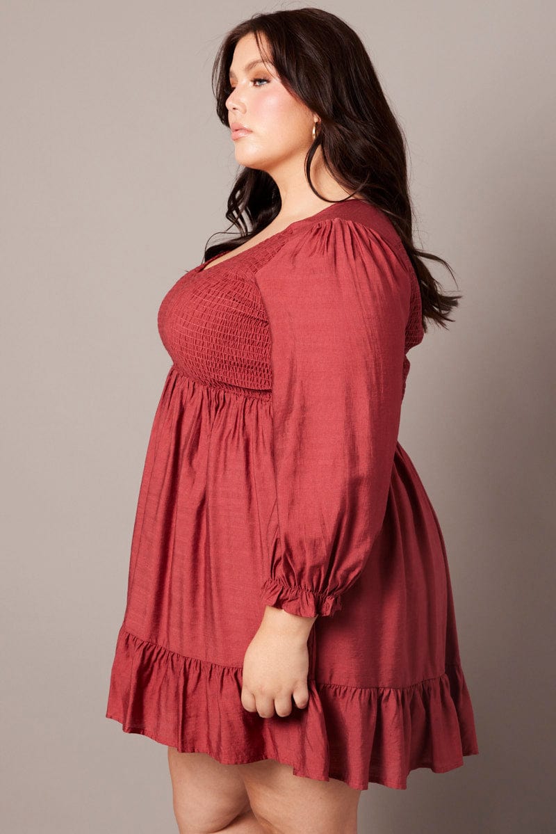 Brown V-neck Shirred Long Sleeve Mini Dress