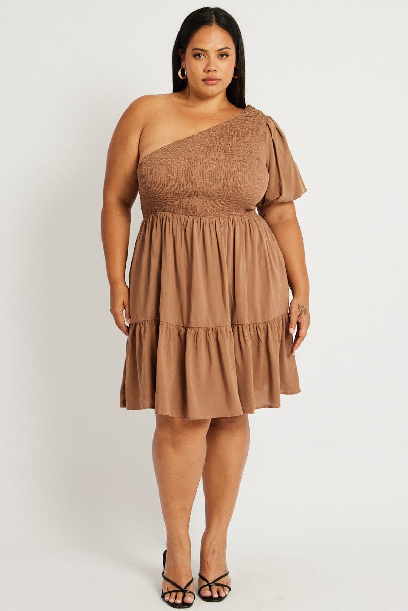 Brown One Shoulder Dress Shirred Bodice Pockets