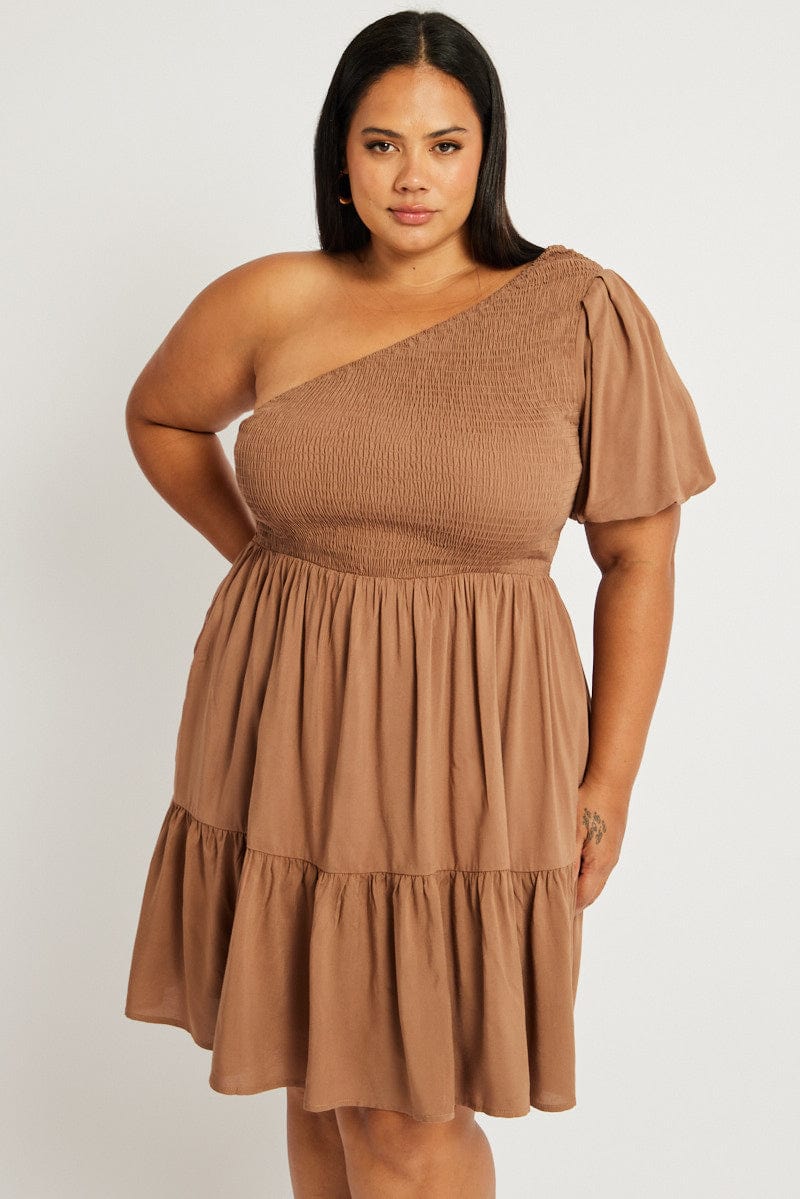 Brown One Shoulder Dress Shirred Bodice Pockets