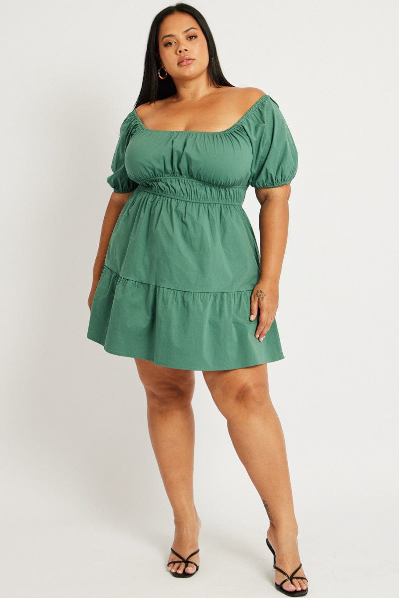 Green Puff Sleeve Gather Minidress for YouandAll Fashion