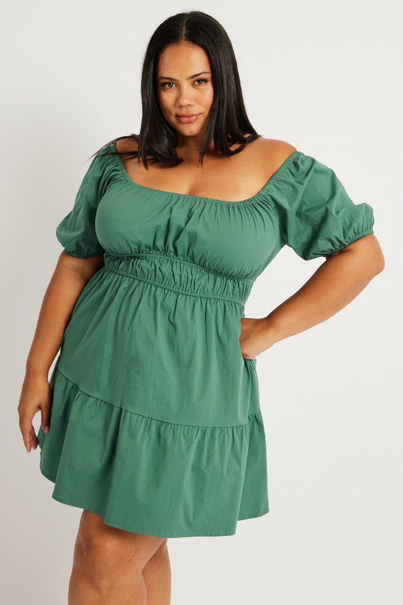 Green Puff Sleeve Gather Minidress for YouandAll Fashion