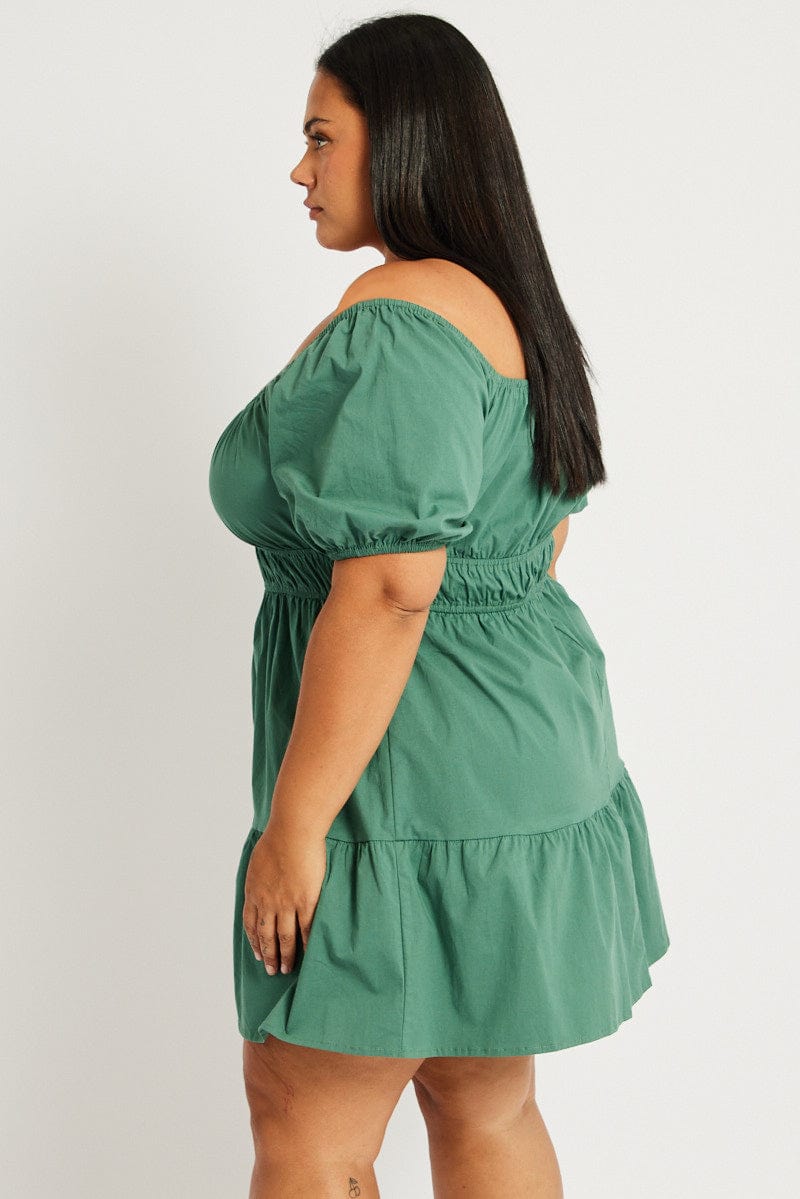 Green Puff Sleeve Gather Minidress for YouandAll Fashion