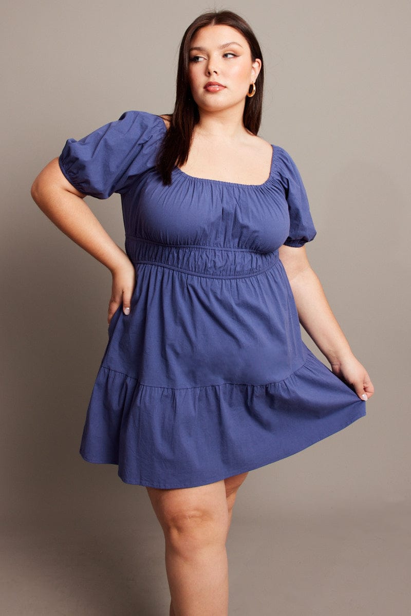 Blue Puff Sleeve Gather Minidress for YouandAll Fashion