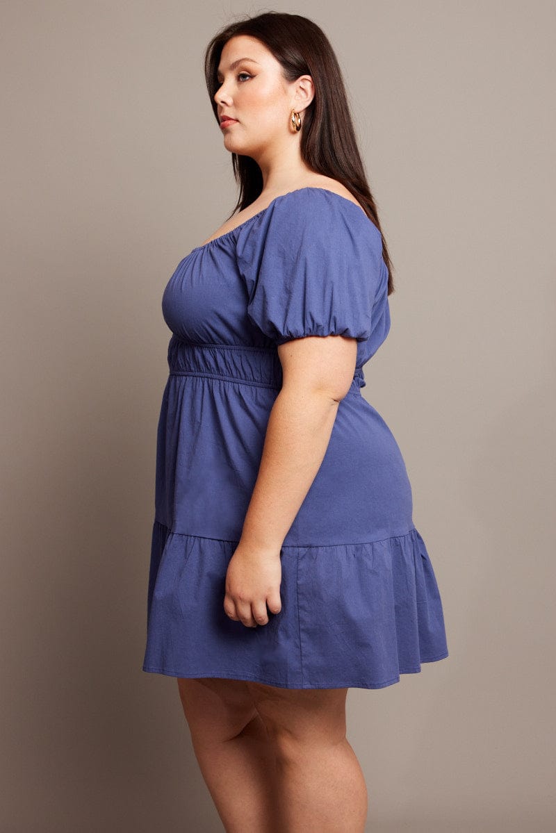 Blue Puff Sleeve Gather Minidress for YouandAll Fashion