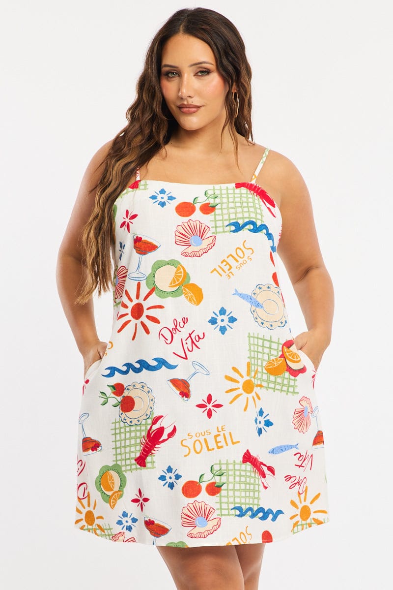 Multi Abstract A-line Dress Sleeveless Linen Blend for YouandAll Fashion