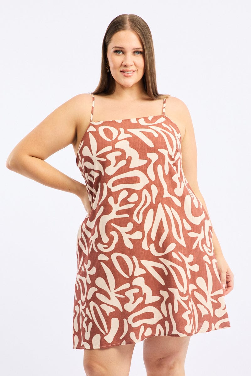 Brown Geo Shoestring Strap Linen Blend Easyfit Minidress for YouandAll Fashion