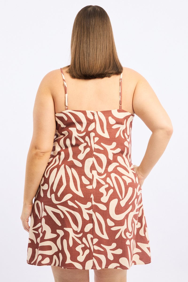 Brown Geo Shoestring Strap Linen Blend Easyfit Minidress for YouandAll Fashion