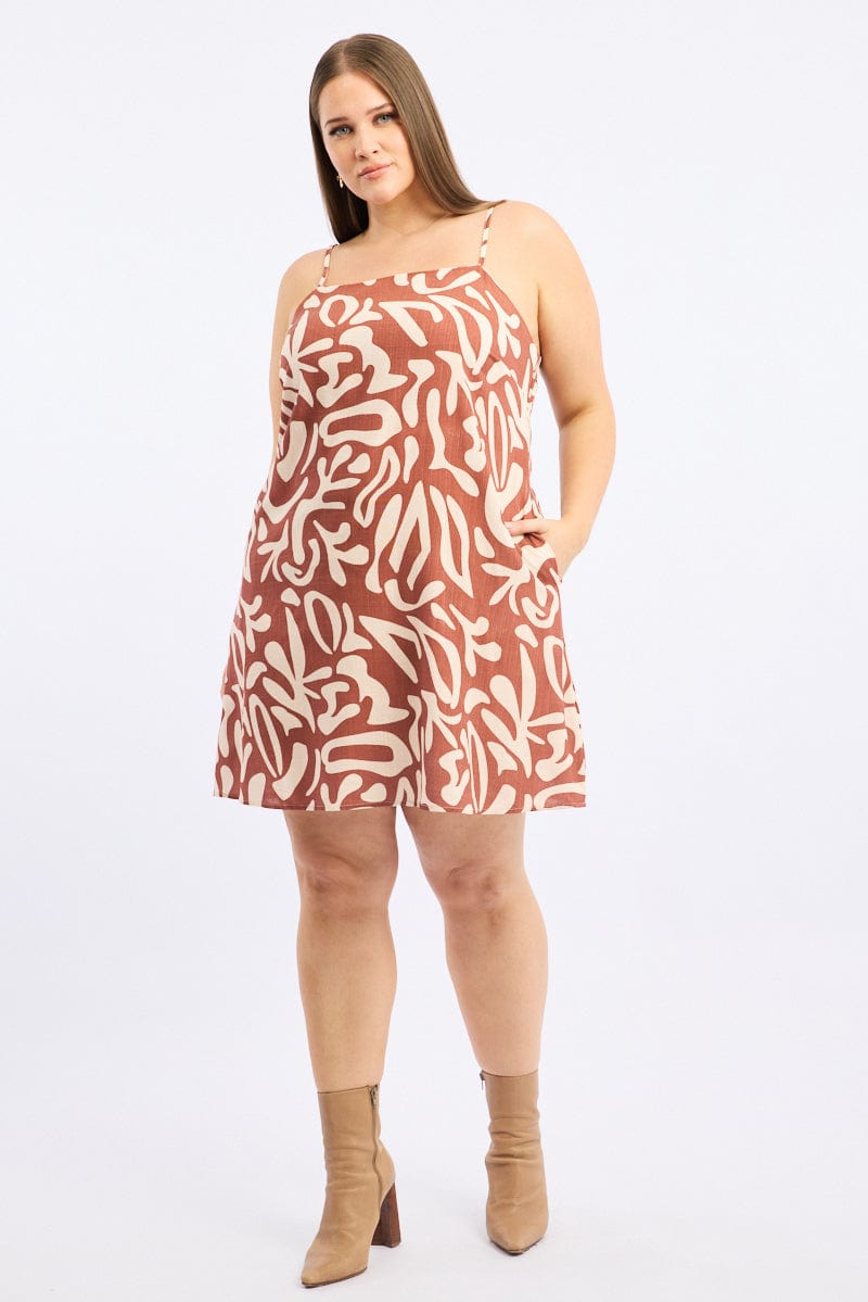 Brown Geo Shoestring Strap Linen Blend Easyfit Minidress for YouandAll Fashion