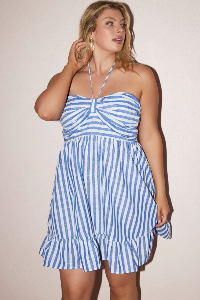 Blue Stripe Halter Neck Keyhole Sundress for YouandAll Fashion