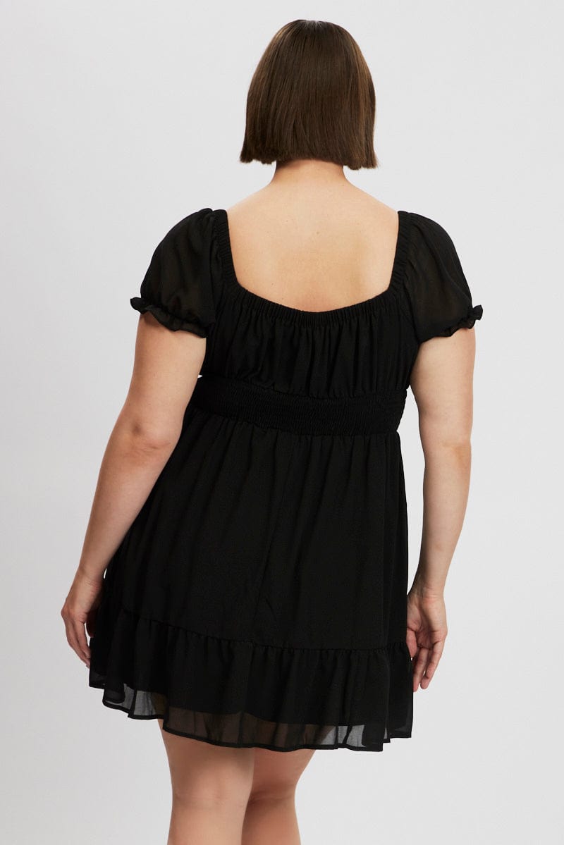 Black Bow Front Shirred Waist Mini Dress