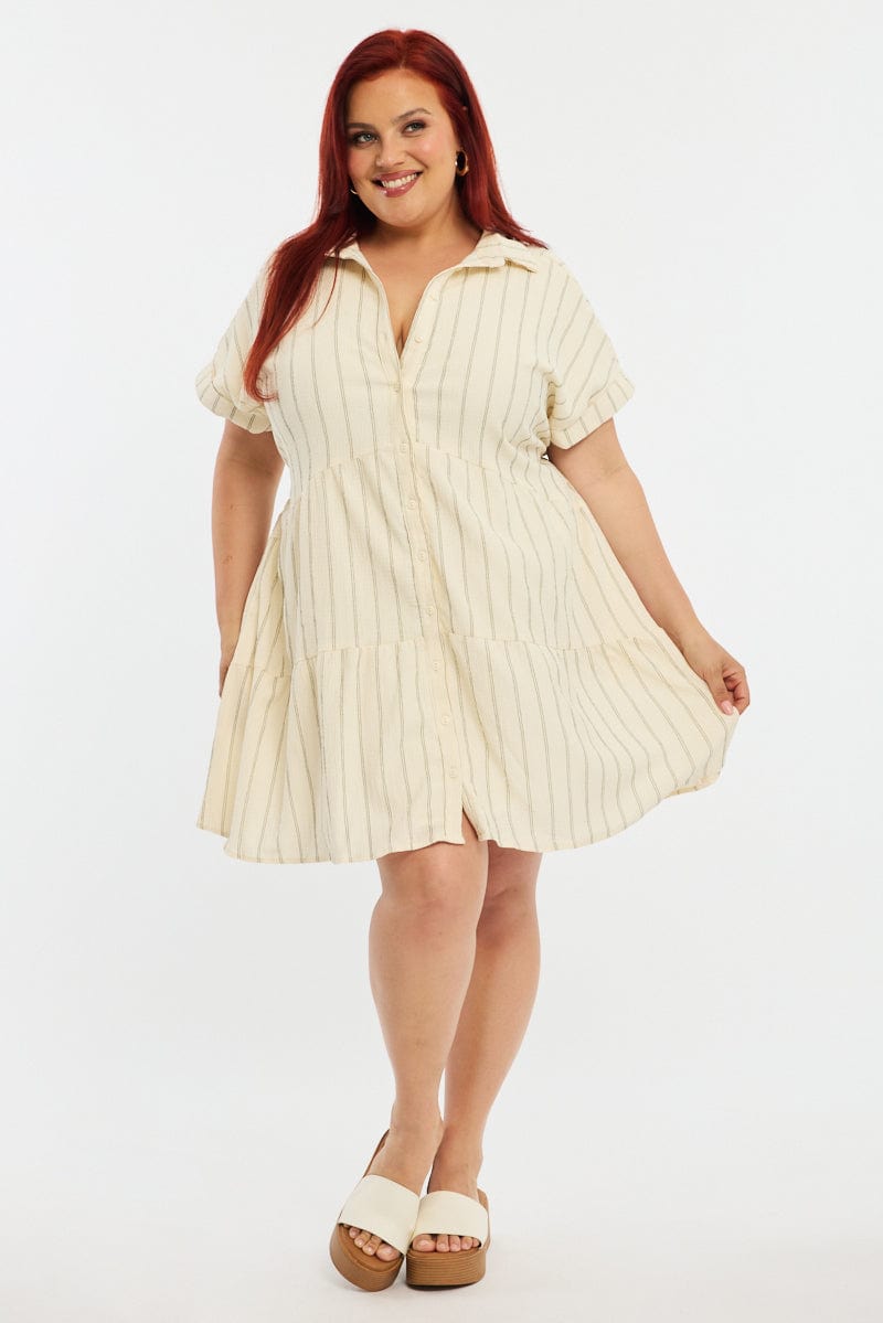 White Stripe Shirt Dress Short Sleeve Textured for YouandAll Fashion