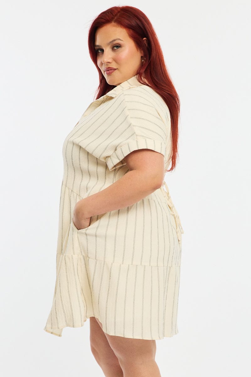 White Stripe Shirt Dress Short Sleeve Textured for YouandAll Fashion