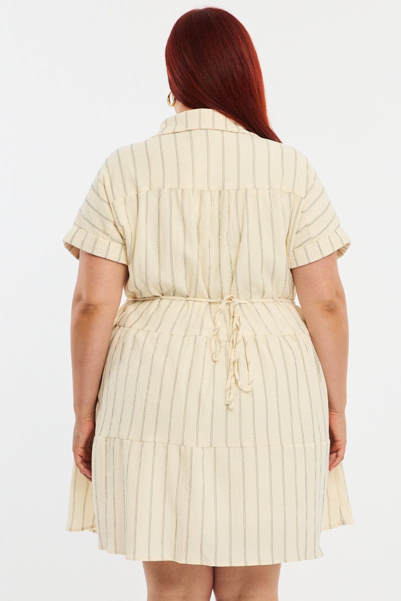 White Stripe Shirt Dress Short Sleeve Textured for YouandAll Fashion