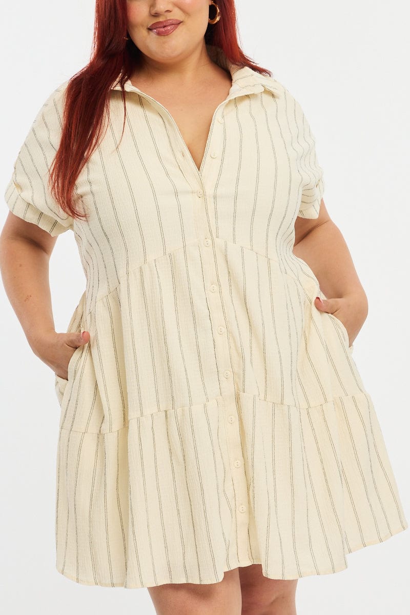 White Stripe Shirt Dress Short Sleeve Textured for YouandAll Fashion
