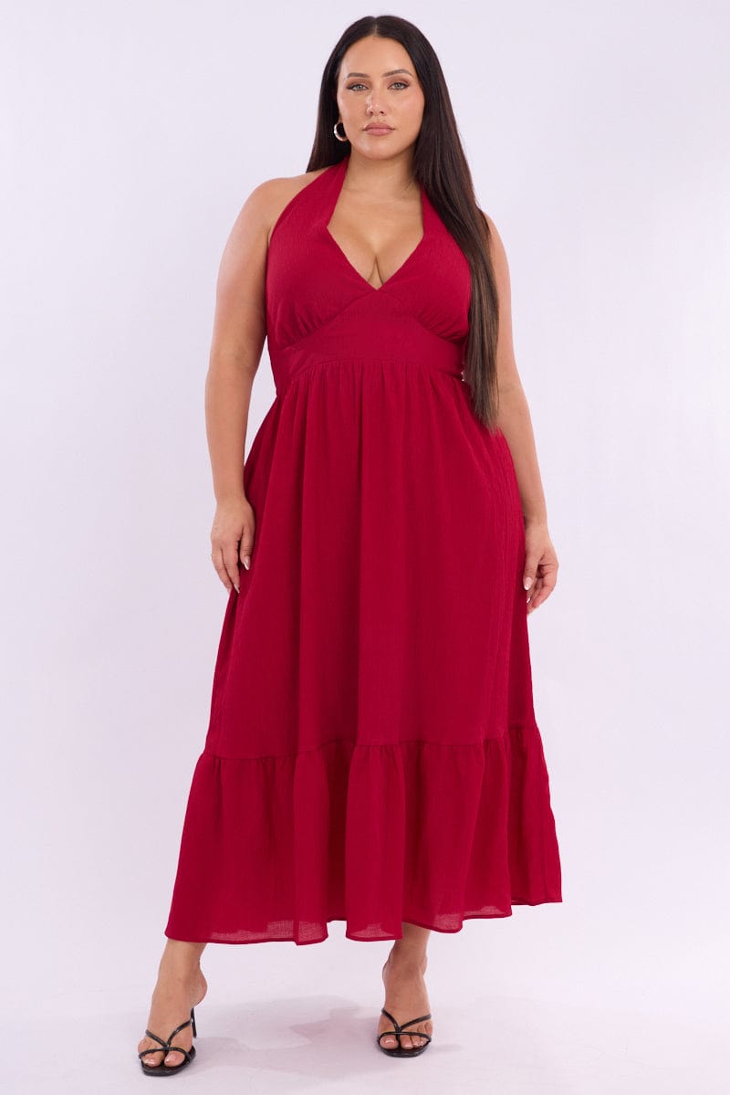 Red Halter Neck Dress Sleeveless Textured for YouandAll Fashion