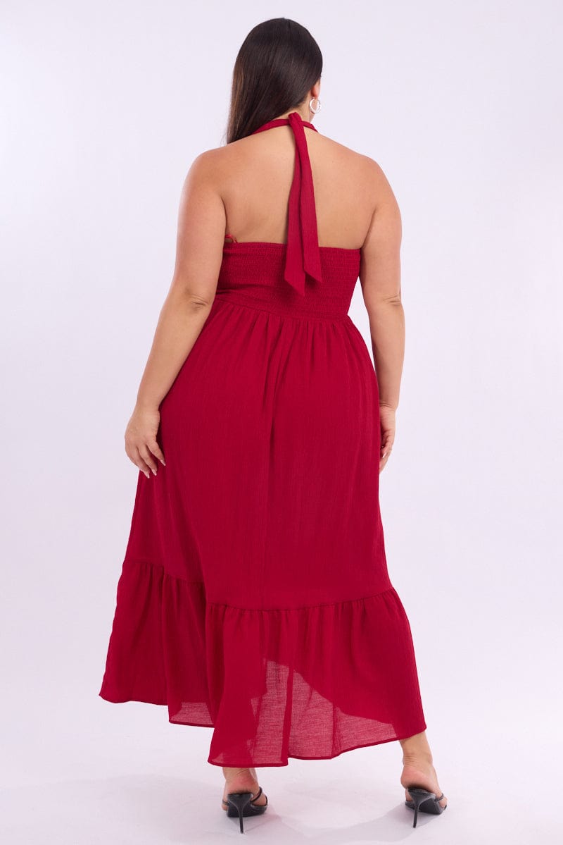 Red Halter Neck Dress Sleeveless Textured for YouandAll Fashion