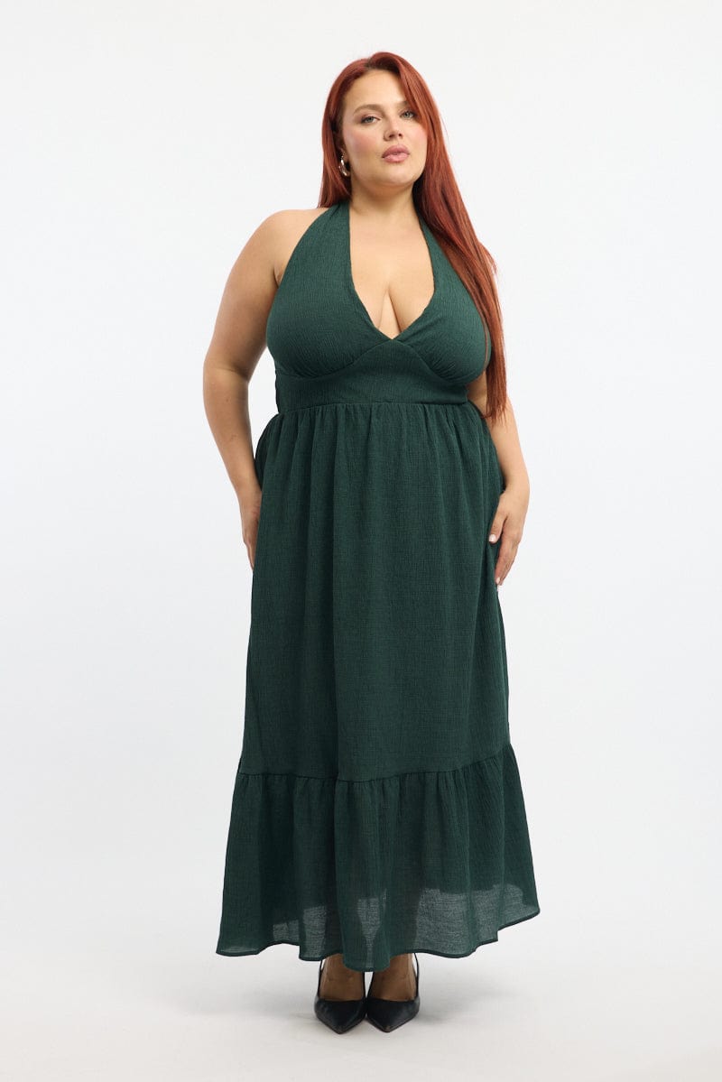 Green Midi Dress Sleeveless Halter Neck Textured for YouandAll Fashion