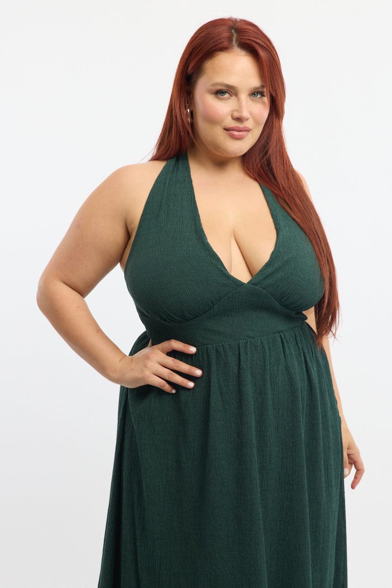 Green Midi Dress Sleeveless Halter Neck Textured | You & All Green Midi Dress Sleeveless Halter Neck Textured | You & All