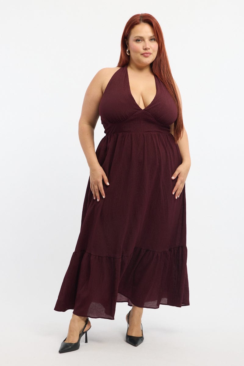 Red Midi Dress Sleeveless Halter Neck Textured for YouandAll Fashion