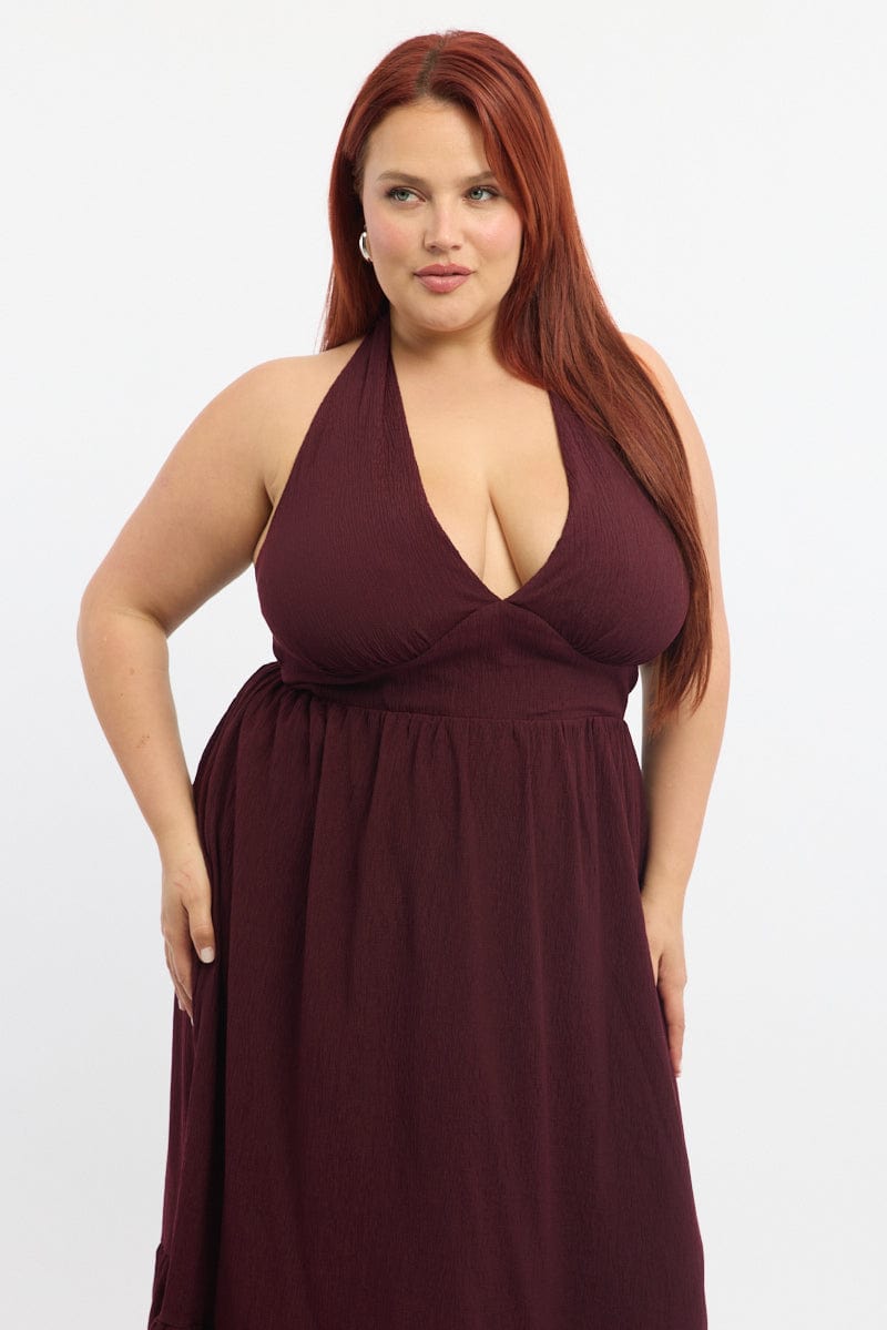 Red Midi Dress Sleeveless Halter Neck Textured for YouandAll Fashion