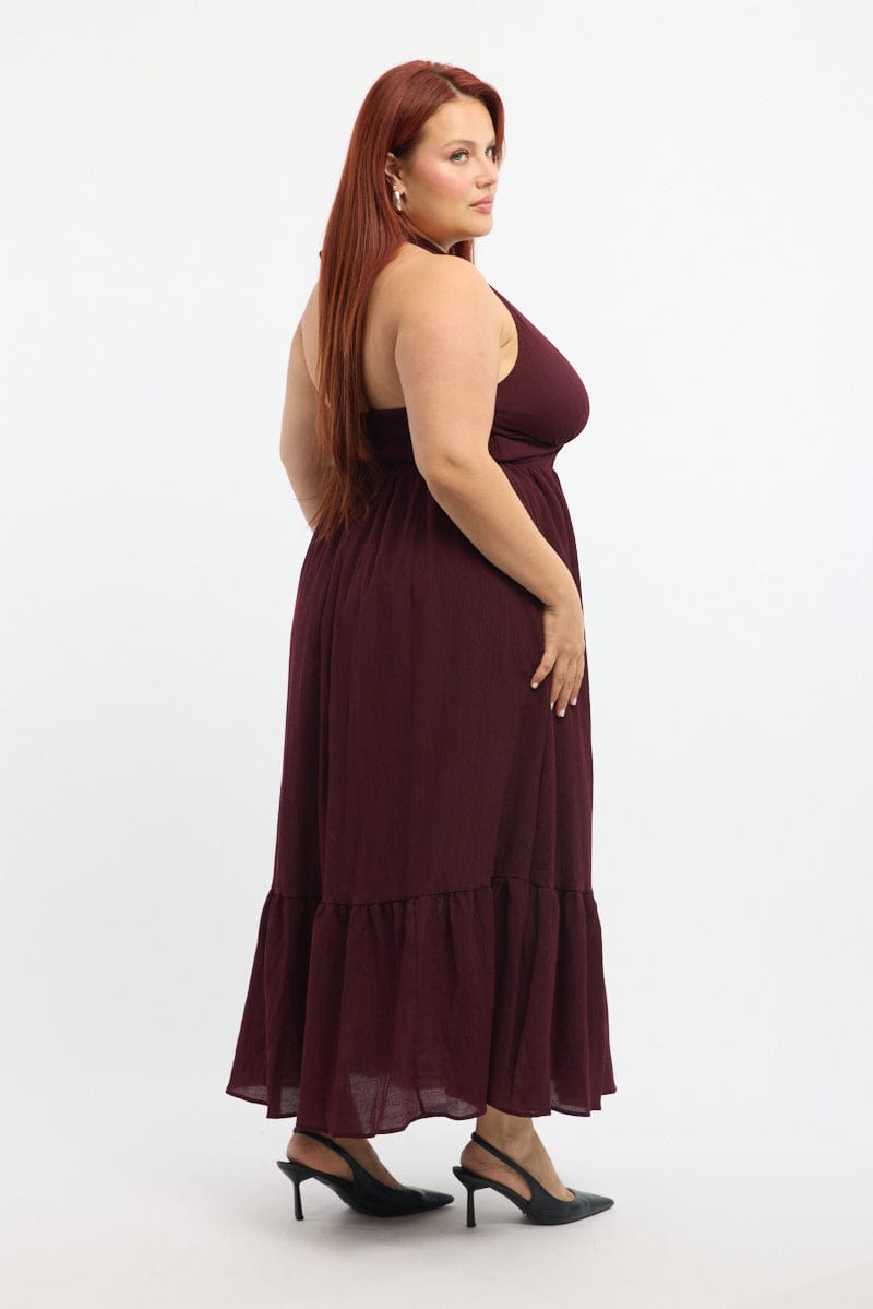 Red Midi Dress Sleeveless Halter Neck Textured for YouandAll Fashion