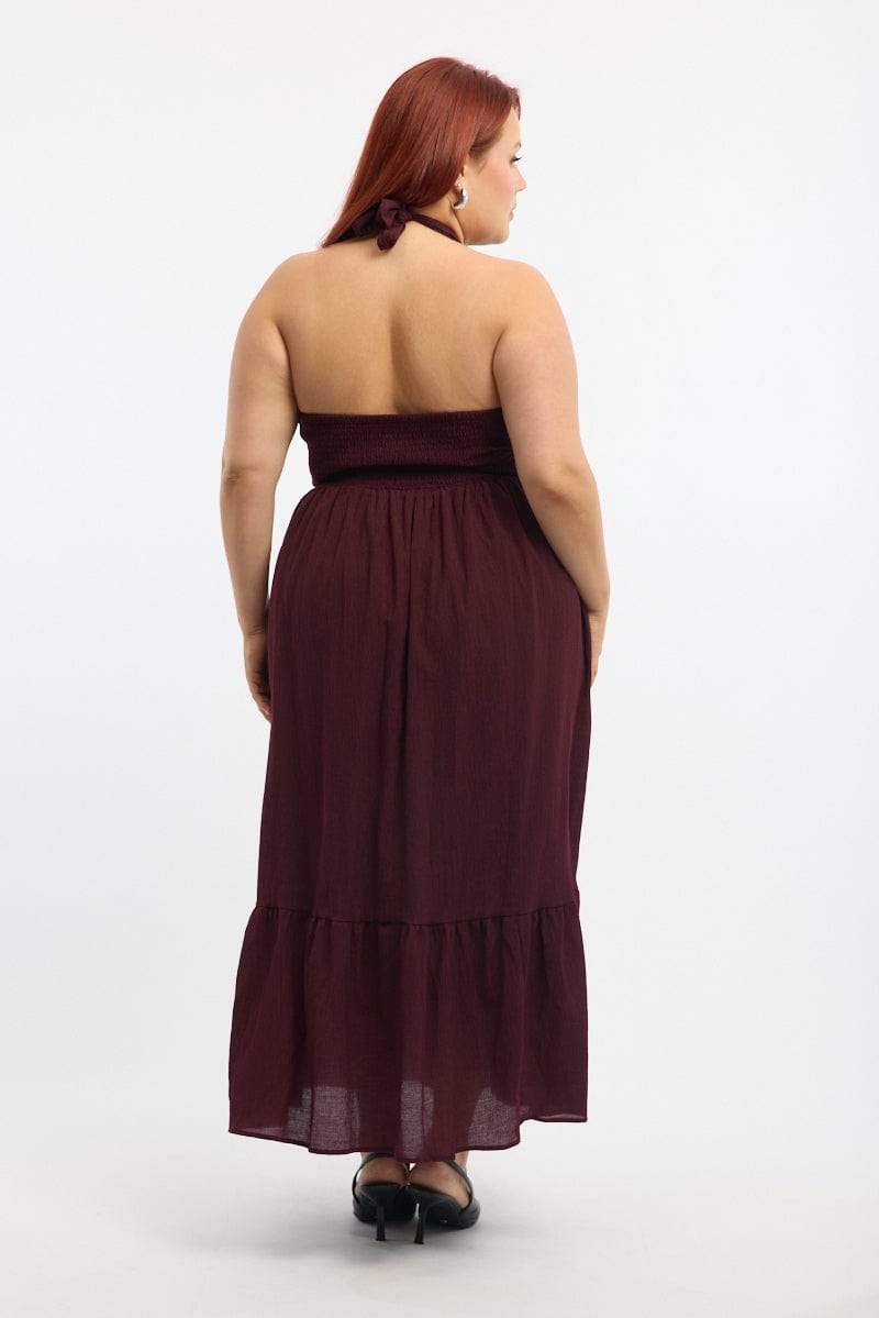 Red Midi Dress Sleeveless Halter Neck Textured for YouandAll Fashion