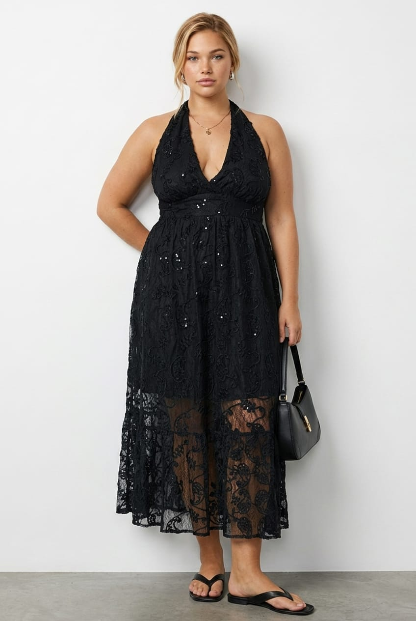 Black Maxi Dress Sleeveless Halter Neck Lace for YouandAll Fashion