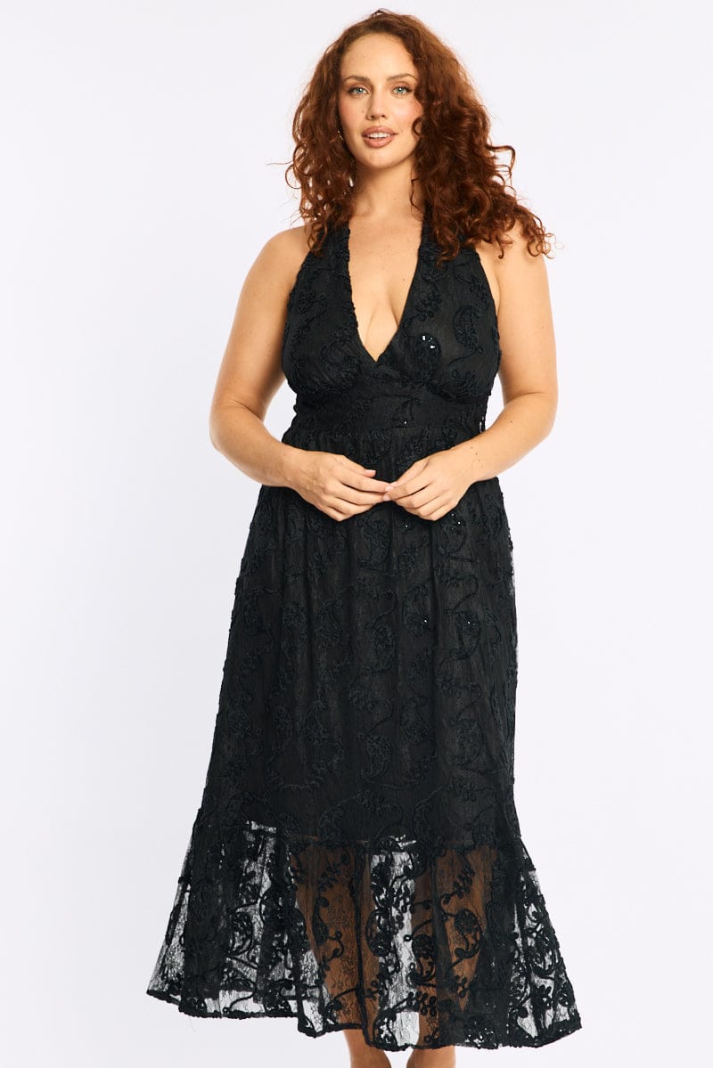 Black Maxi Dress Sleeveless Halter Neck Lace for YouandAll Fashion