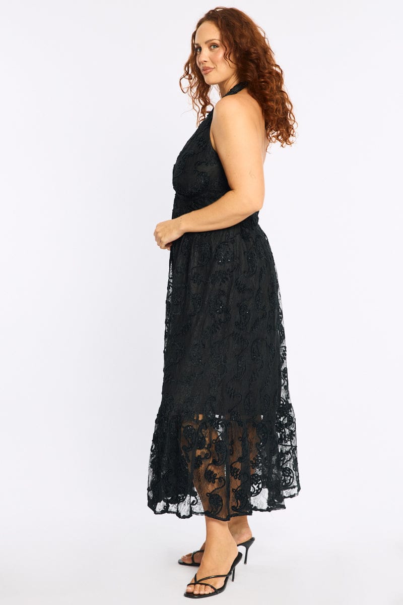 Black Maxi Dress Sleeveless Halter Neck Lace for YouandAll Fashion