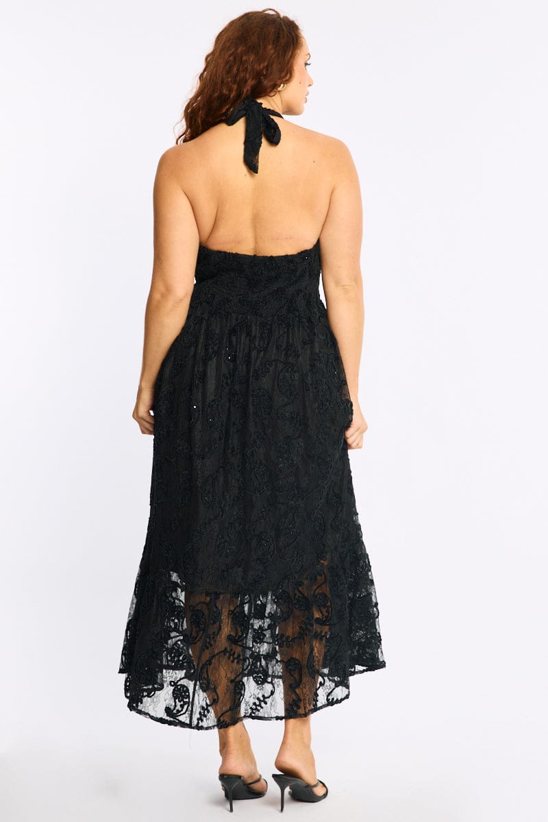 Black Maxi Dress Sleeveless Halter Neck Lace for YouandAll Fashion