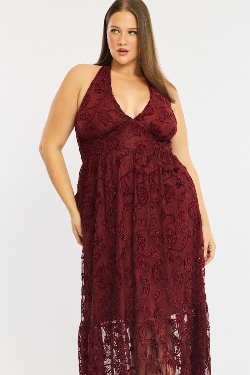 Red Maxi Dress Sleeveless Halter Neck Lace for YouandAll Fashion