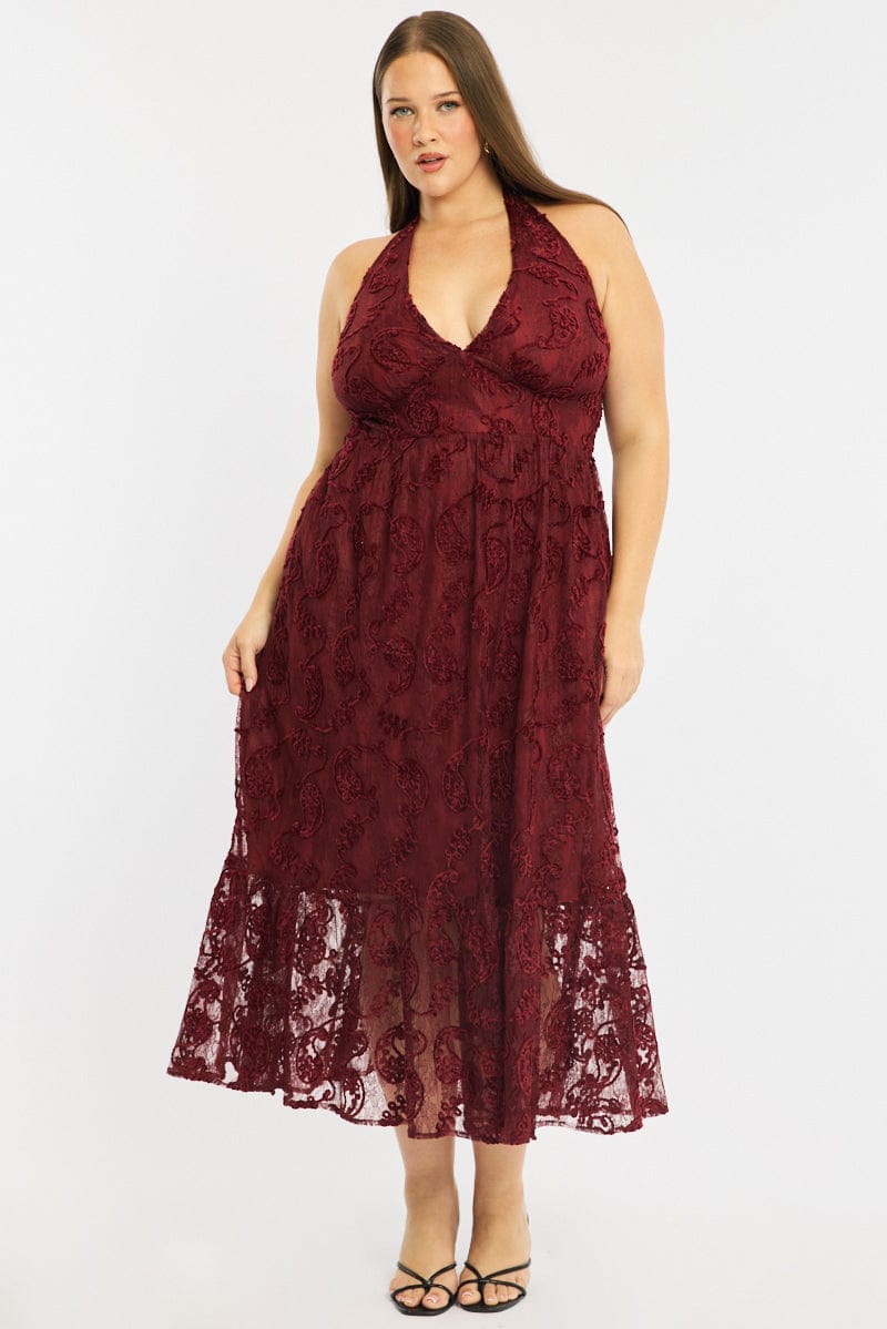 Red Maxi Dress Sleeveless Halter Neck Lace for YouandAll Fashion