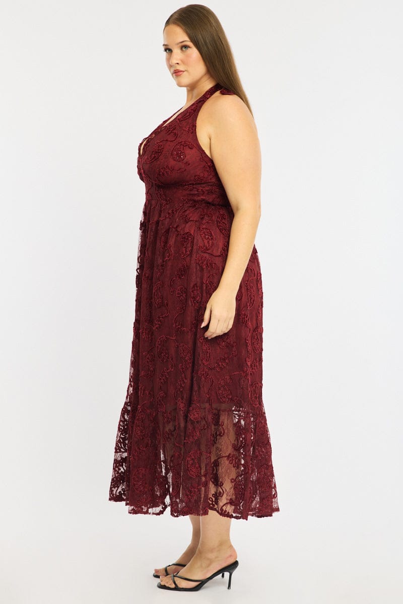 Red Maxi Dress Sleeveless Halter Neck Lace for YouandAll Fashion